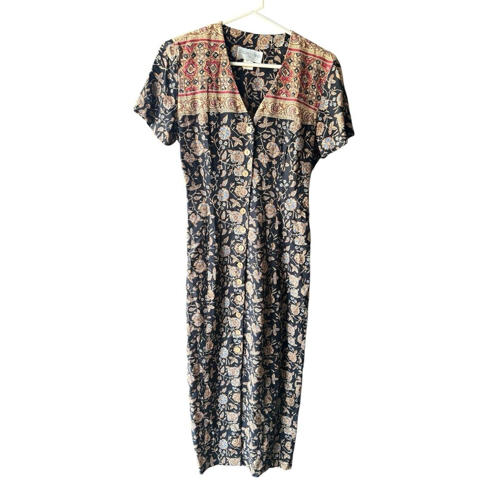 Vtg Casual Corner Button Front Tie Back Phoebe Midi Dress Boho Paisley Witchy 3